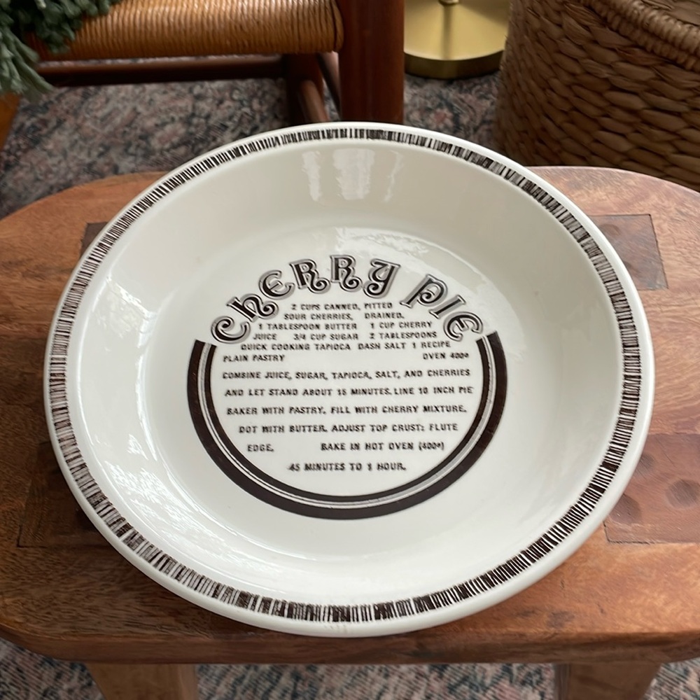Vintage pottery pie plate with cherry pie printed recipe